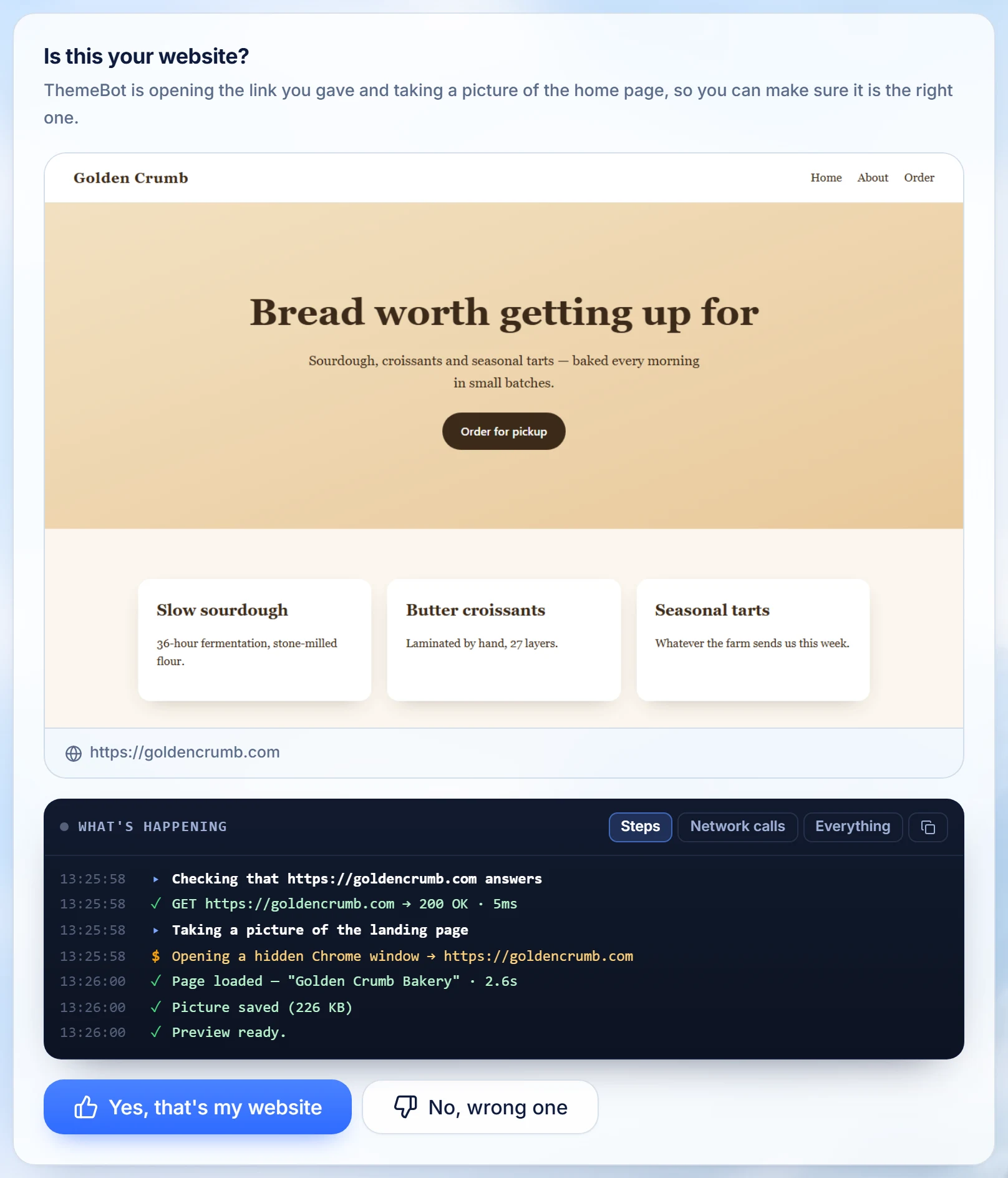 Vibeport showing a picture of the Golden Crumb website and asking “Is this your website?”