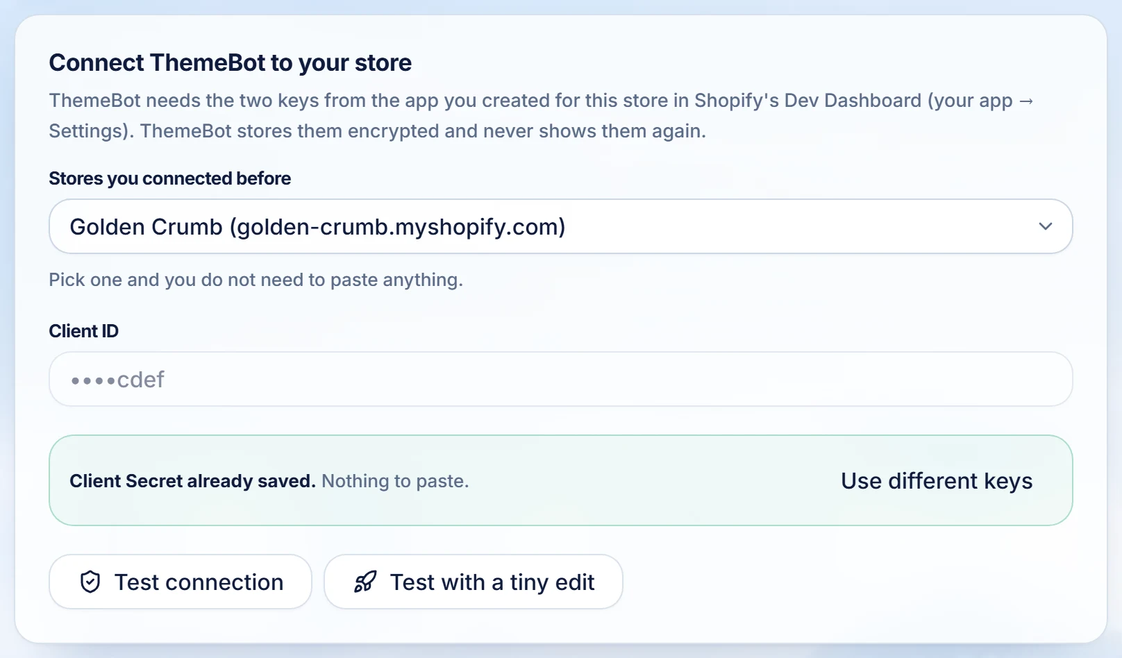 Connecting the Golden Crumb Shopify store, with its keys already saved