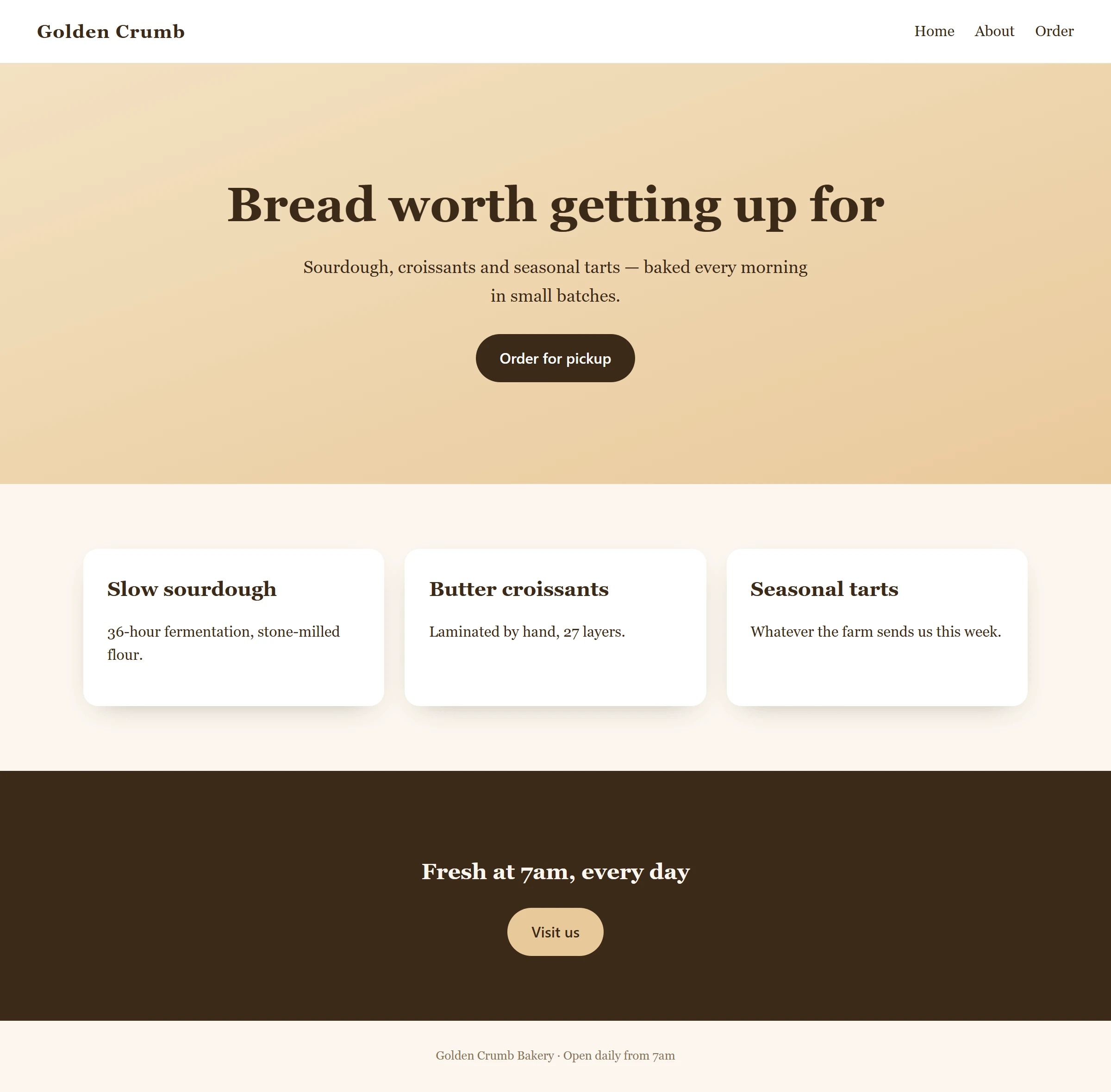 The Golden Crumb bakery website: a header, a hero reading “Bread worth getting up for”, three product cards, a call to action and a footer.